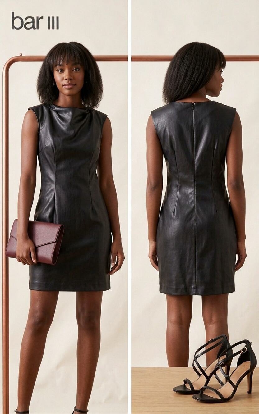Bar III Black Faux Leather Cowl Neck Sleeveless Mini Bodycon Dress Size 4